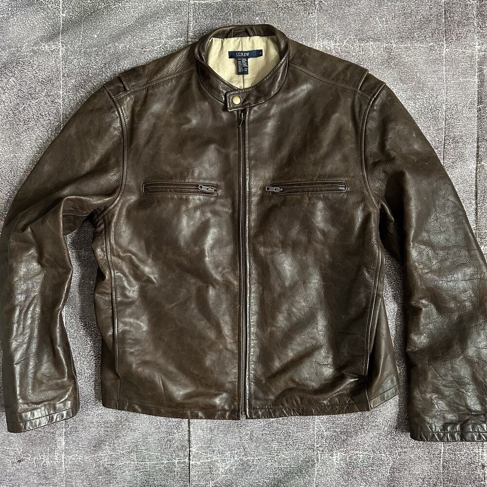 Mens Vintage Y2K J Crew Dark Brown Leather Stockton Racer Motorcycle Jacket Sz L